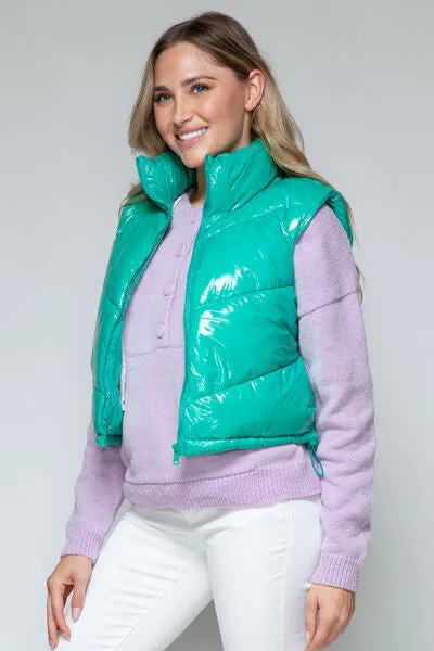 Snobbish Zip Up Turtleneck Shiny Quilted Vest (Teal)