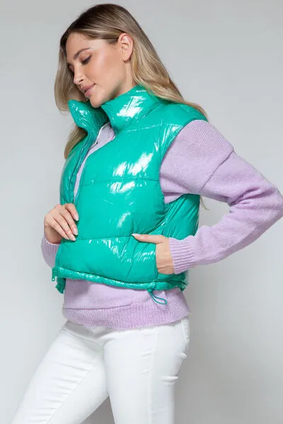Snobbish Zip Up Turtleneck Shiny Quilted Vest (Teal)