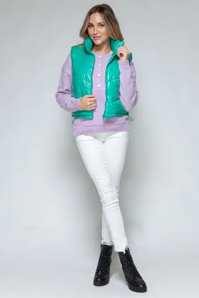 Snobbish Zip Up Turtleneck Shiny Quilted Vest (Teal)