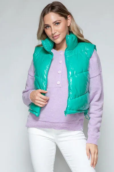 Snobbish Zip Up Turtleneck Shiny Quilted Vest (Teal)