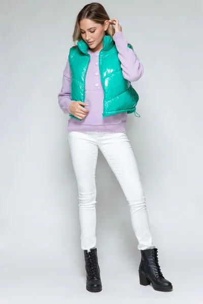 Snobbish Zip Up Turtleneck Shiny Quilted Vest (Teal)