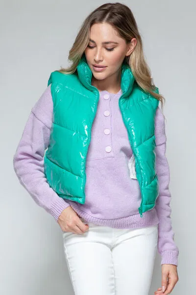 Snobbish Zip Up Turtleneck Shiny Quilted Vest (Teal)