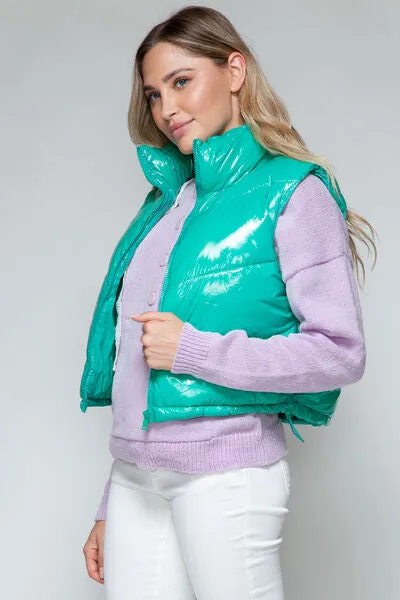 Snobbish Zip Up Turtleneck Shiny Quilted Vest (Teal)