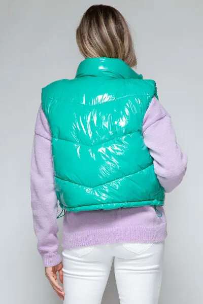 Snobbish Zip Up Turtleneck Shiny Quilted Vest (Teal)