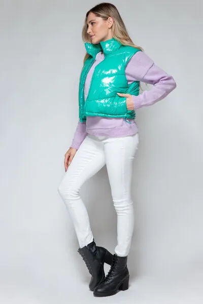 Snobbish Zip Up Turtleneck Shiny Quilted Vest (Teal)