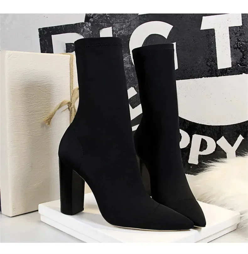 Socks Boots Black Pointed Toe Elastic Heels Autumn Winter Slimming Ankle Boots