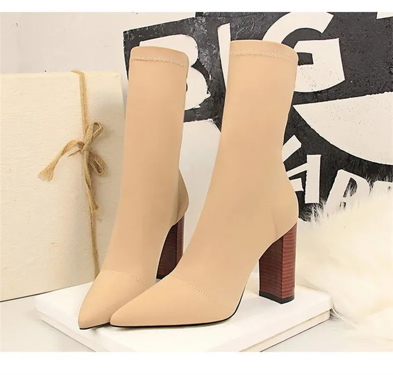 Socks Boots Black Pointed Toe Elastic Heels Autumn Winter Slimming Ankle Boots