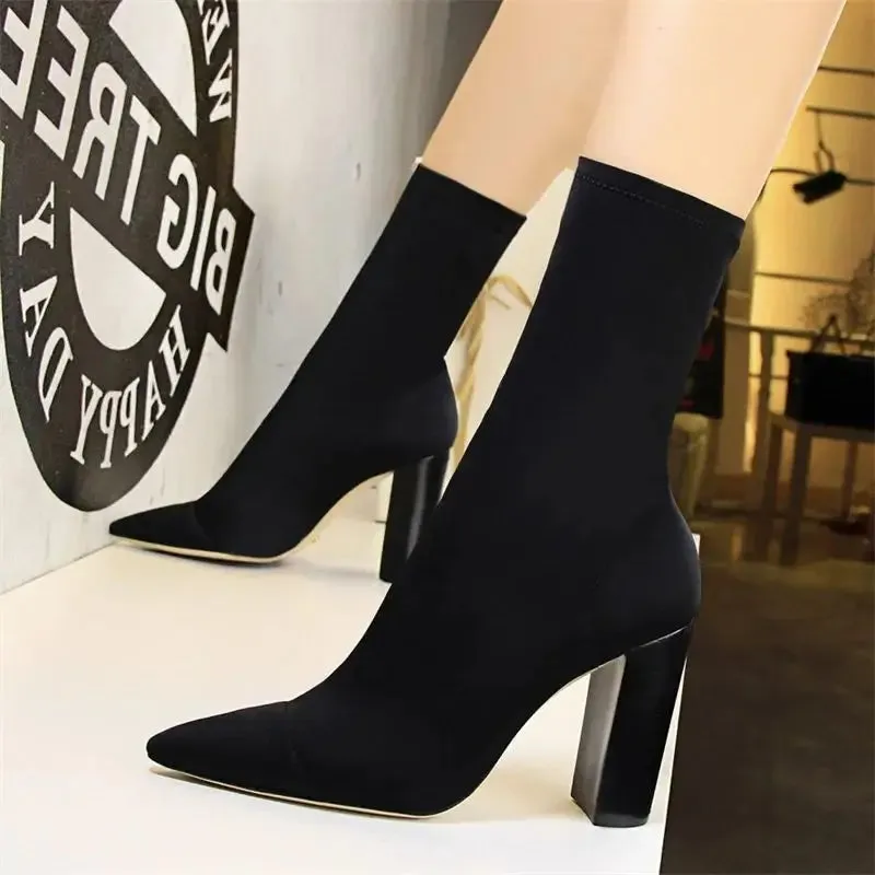 Socks Boots Black Pointed Toe Elastic Heels Autumn Winter Slimming Ankle Boots