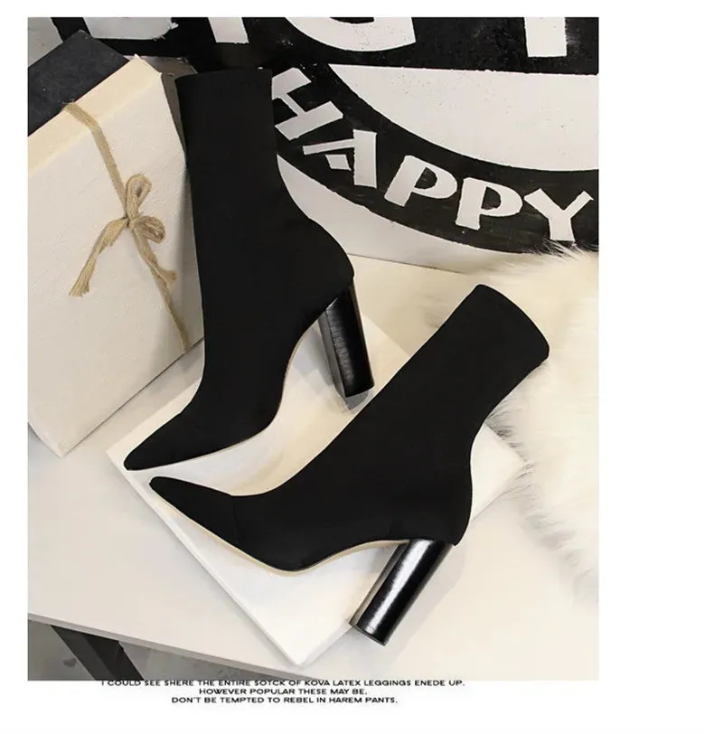 Socks Boots Black Pointed Toe Elastic Heels Autumn Winter Slimming Ankle Boots