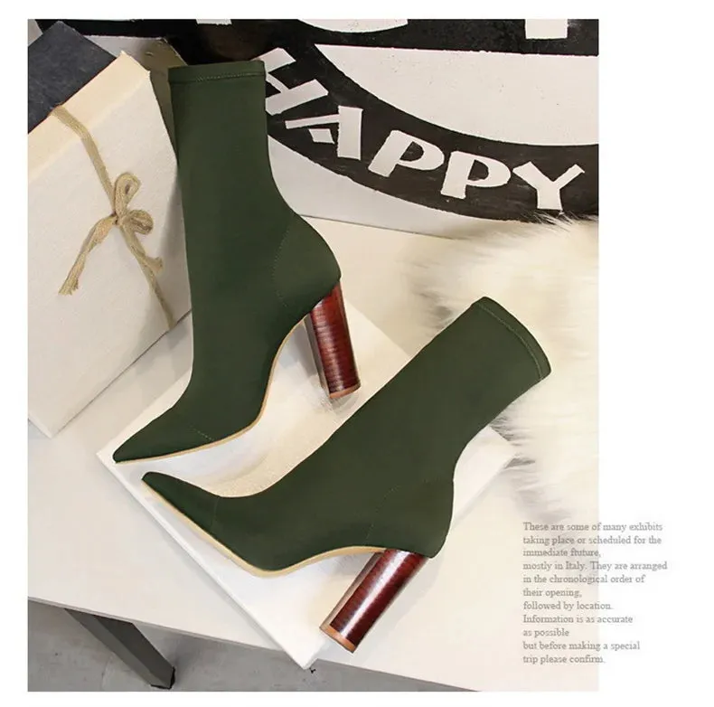 Socks Boots Black Pointed Toe Elastic Heels Autumn Winter Slimming Ankle Boots