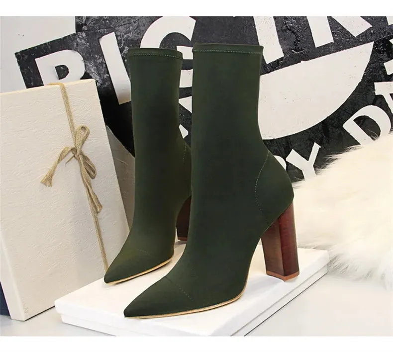 Socks Boots Black Pointed Toe Elastic Heels Autumn Winter Slimming Ankle Boots