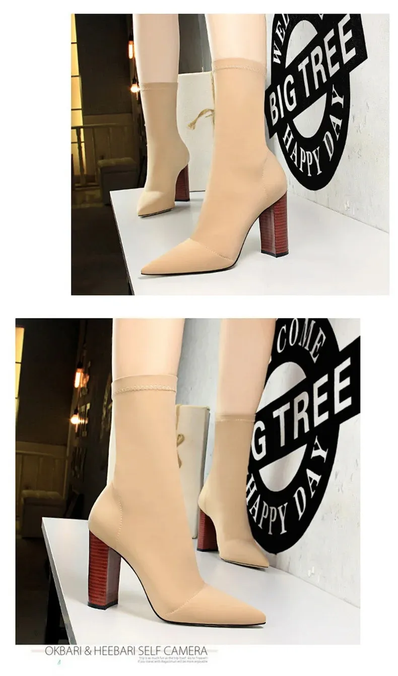 Socks Boots Black Pointed Toe Elastic Heels Autumn Winter Slimming Ankle Boots