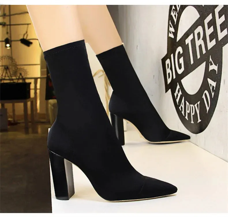 Socks Boots Black Pointed Toe Elastic Heels Autumn Winter Slimming Ankle Boots