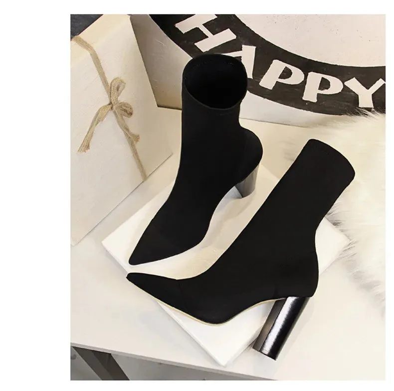 Socks Boots Black Pointed Toe Elastic Heels Autumn Winter Slimming Ankle Boots