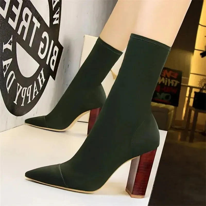 Socks Boots Black Pointed Toe Elastic Heels Autumn Winter Slimming Ankle Boots