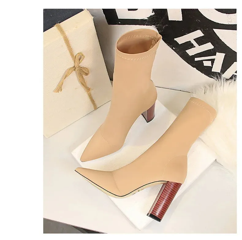 Socks Boots Black Pointed Toe Elastic Heels Autumn Winter Slimming Ankle Boots