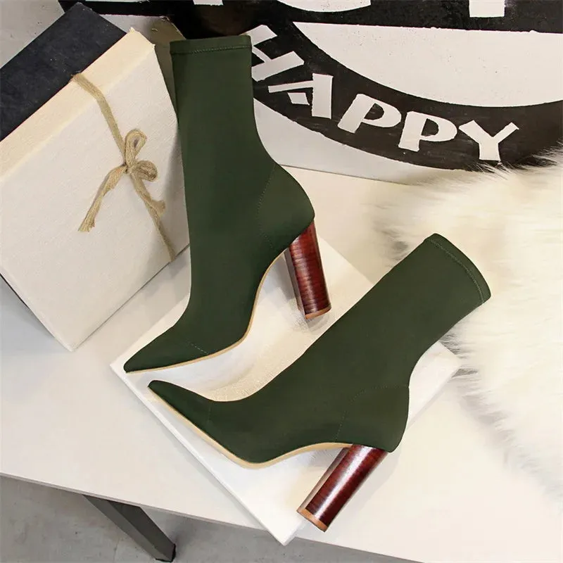 Socks Boots Black Pointed Toe Elastic Heels Autumn Winter Slimming Ankle Boots