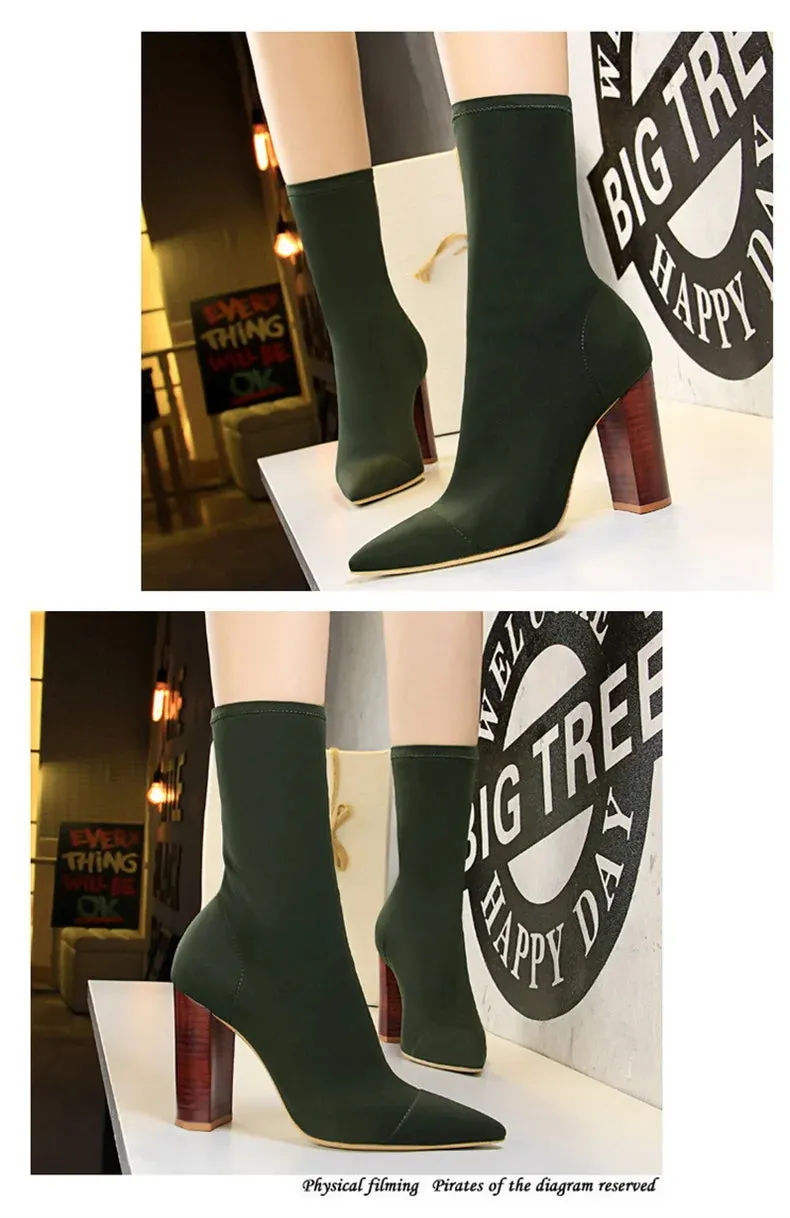 Socks Boots Black Pointed Toe Elastic Heels Autumn Winter Slimming Ankle Boots