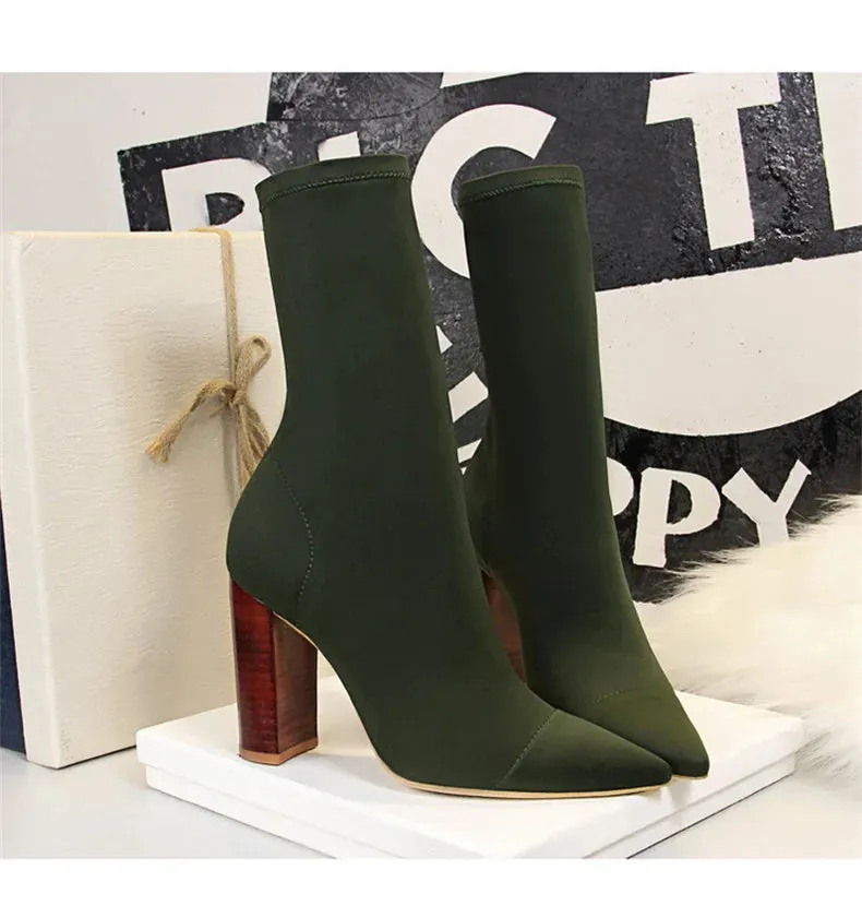 Socks Boots Black Pointed Toe Elastic Heels Autumn Winter Slimming Ankle Boots