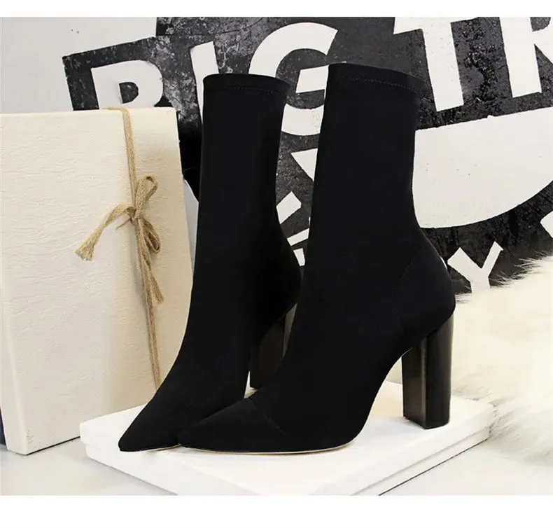 Socks Boots Black Pointed Toe Elastic Heels Autumn Winter Slimming Ankle Boots