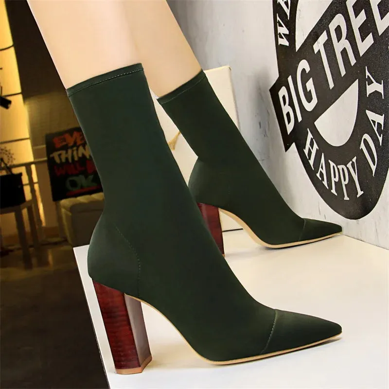 Socks Boots Black Pointed Toe Elastic Heels Autumn Winter Slimming Ankle Boots
