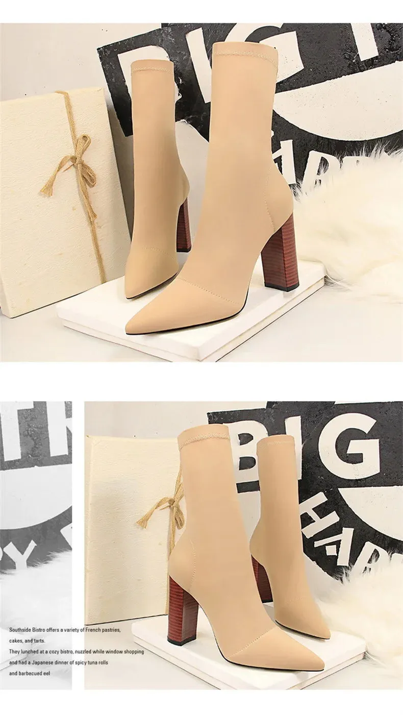 Socks Boots Black Pointed Toe Elastic Heels Autumn Winter Slimming Ankle Boots