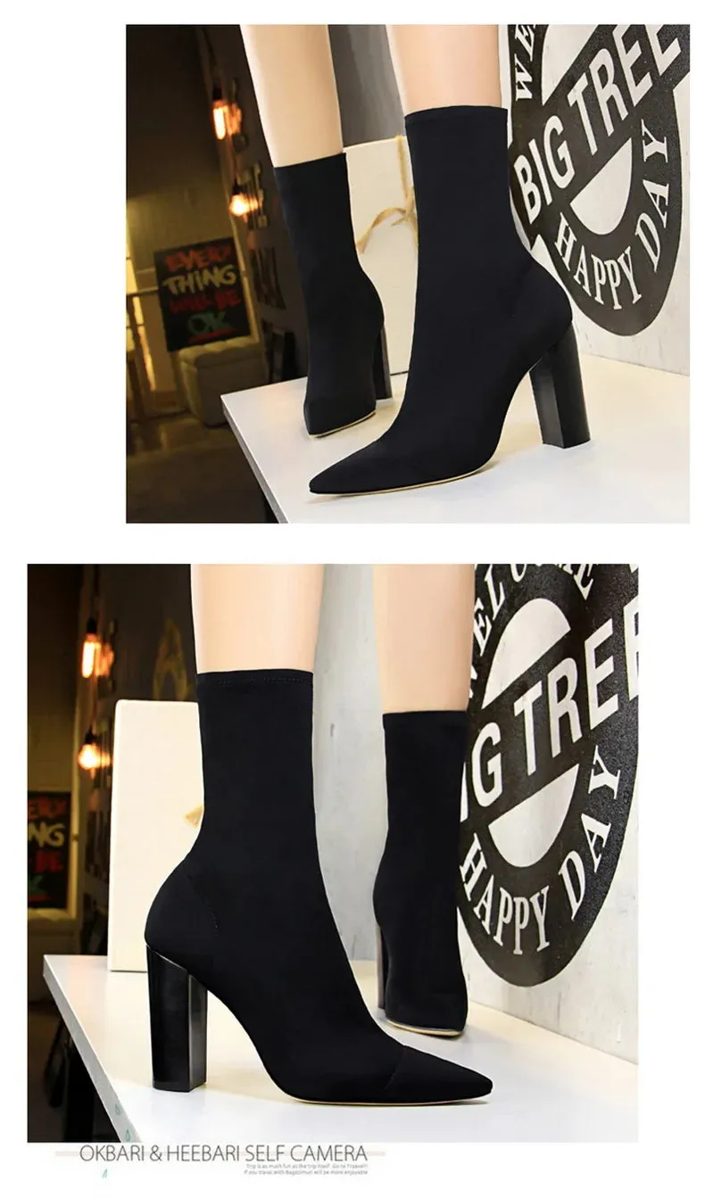 Socks Boots Black Pointed Toe Elastic Heels Autumn Winter Slimming Ankle Boots