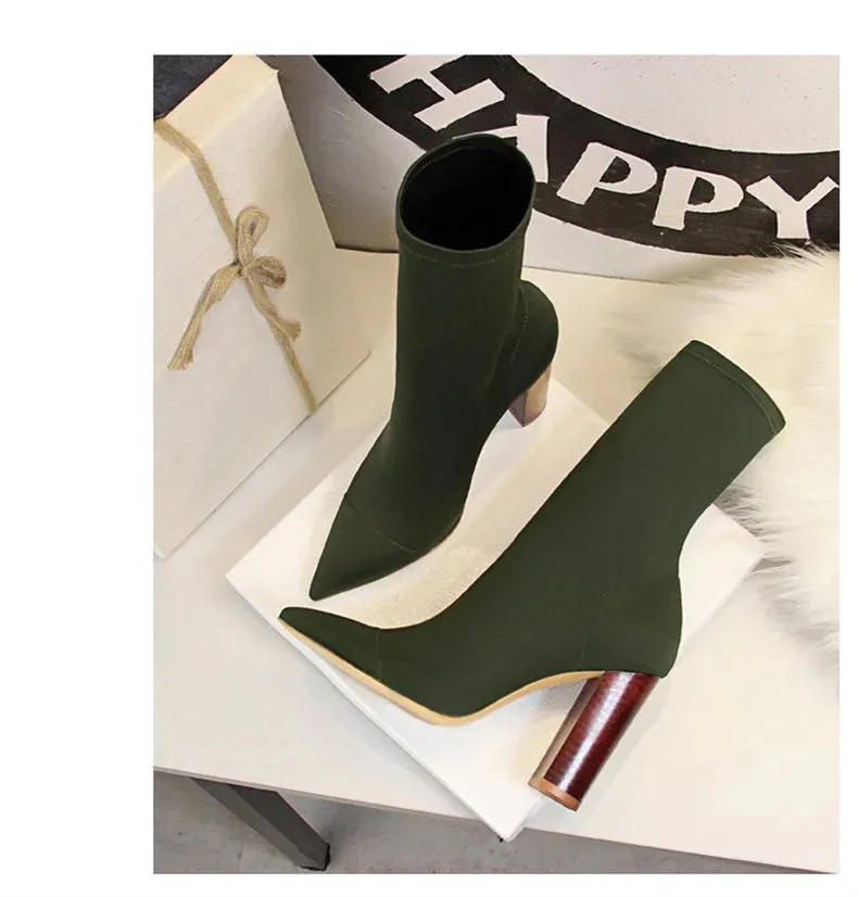 Socks Boots Black Pointed Toe Elastic Heels Autumn Winter Slimming Ankle Boots