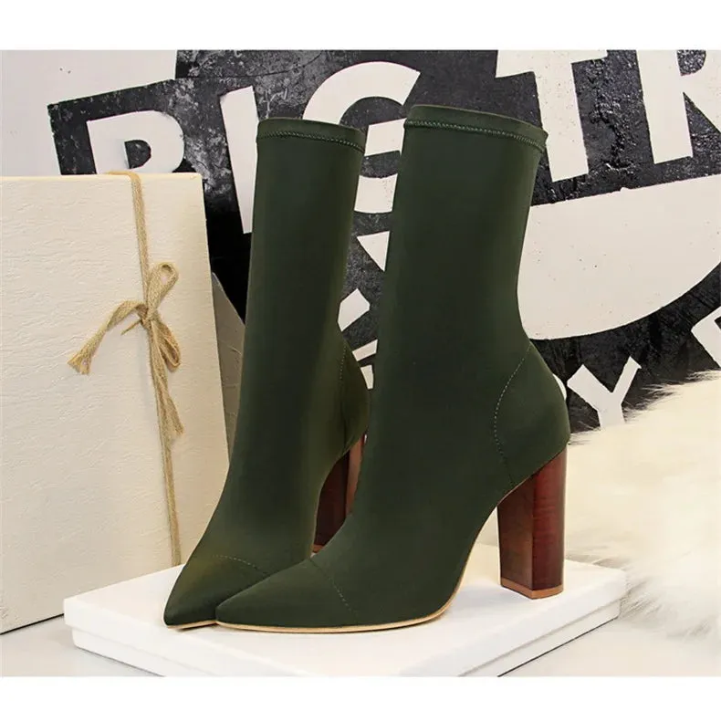 Socks Boots Black Pointed Toe Elastic Heels Autumn Winter Slimming Ankle Boots