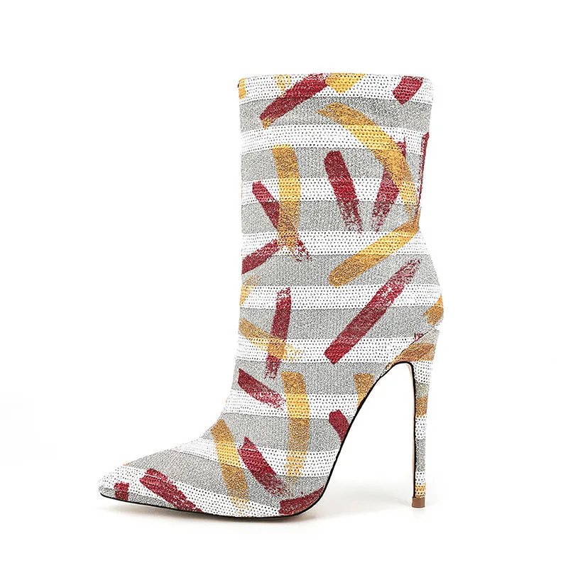 Sultry Graffiti Glitter Side-Zip Thigh-High Fashion Boots