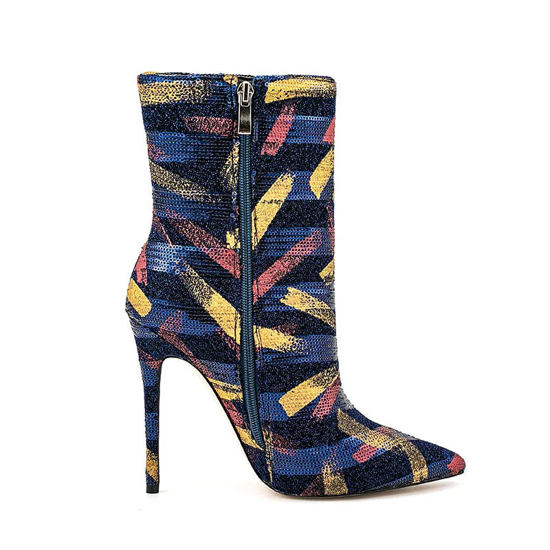 Sultry Graffiti Glitter Side-Zip Thigh-High Fashion Boots