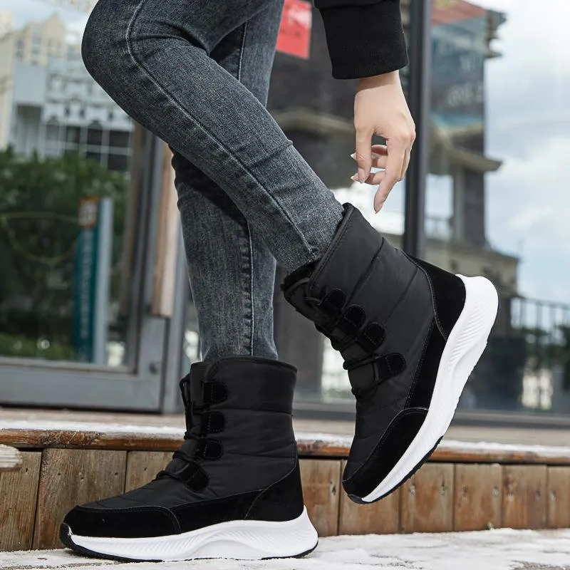 Thick plush lined front lace mid calf snow boots | high cut chunky platform outdoors hiking boots for female