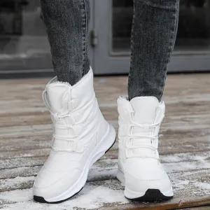 Thick plush lined front lace mid calf snow boots | high cut chunky platform outdoors hiking boots for female