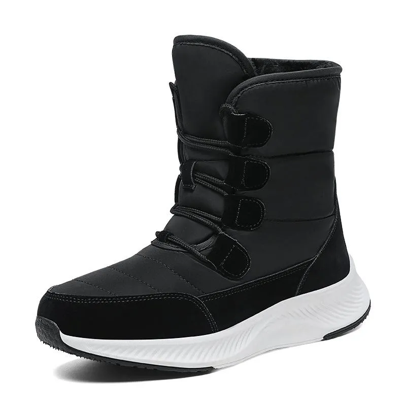Thick plush lined front lace mid calf snow boots | high cut chunky platform outdoors hiking boots for female