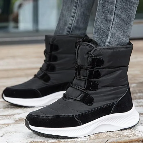 Thick plush lined front lace mid calf snow boots | high cut chunky platform outdoors hiking boots for female