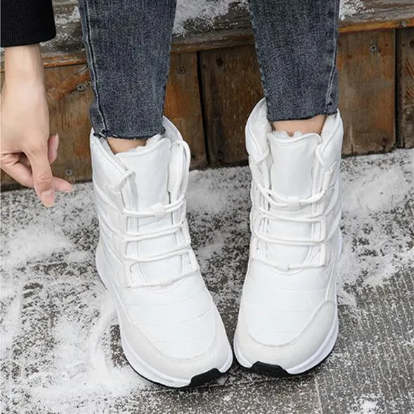 Thick plush lined front lace mid calf snow boots | high cut chunky platform outdoors hiking boots for female