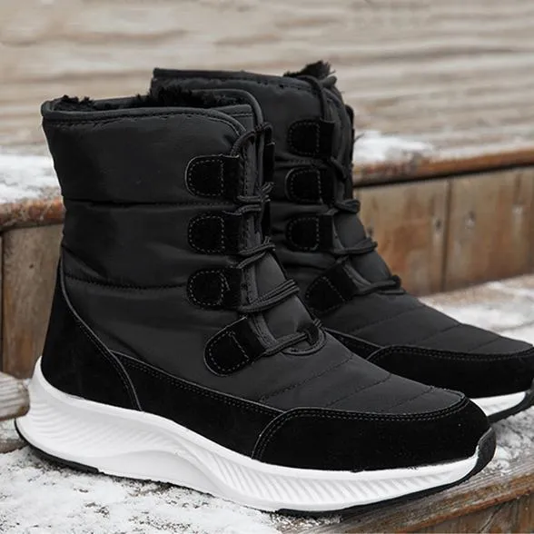 Thick plush lined front lace mid calf snow boots | high cut chunky platform outdoors hiking boots for female