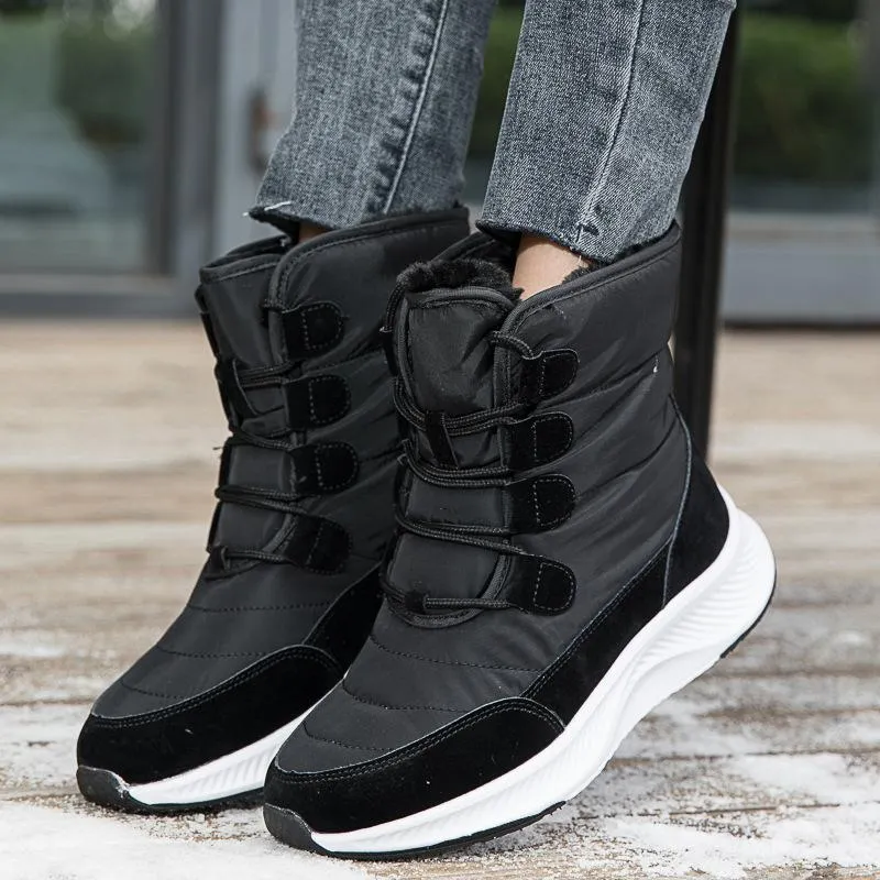 Thick plush lined front lace mid calf snow boots | high cut chunky platform outdoors hiking boots for female