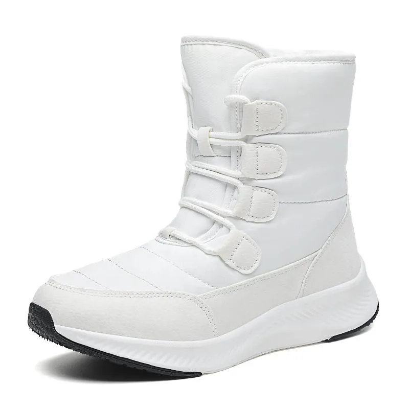 Thick plush lined front lace mid calf snow boots | high cut chunky platform outdoors hiking boots for female