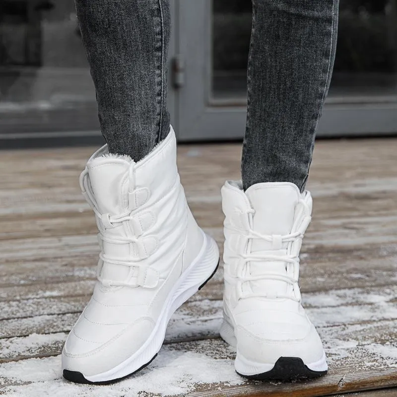 Thick plush lined front lace mid calf snow boots | high cut chunky platform outdoors hiking boots for female