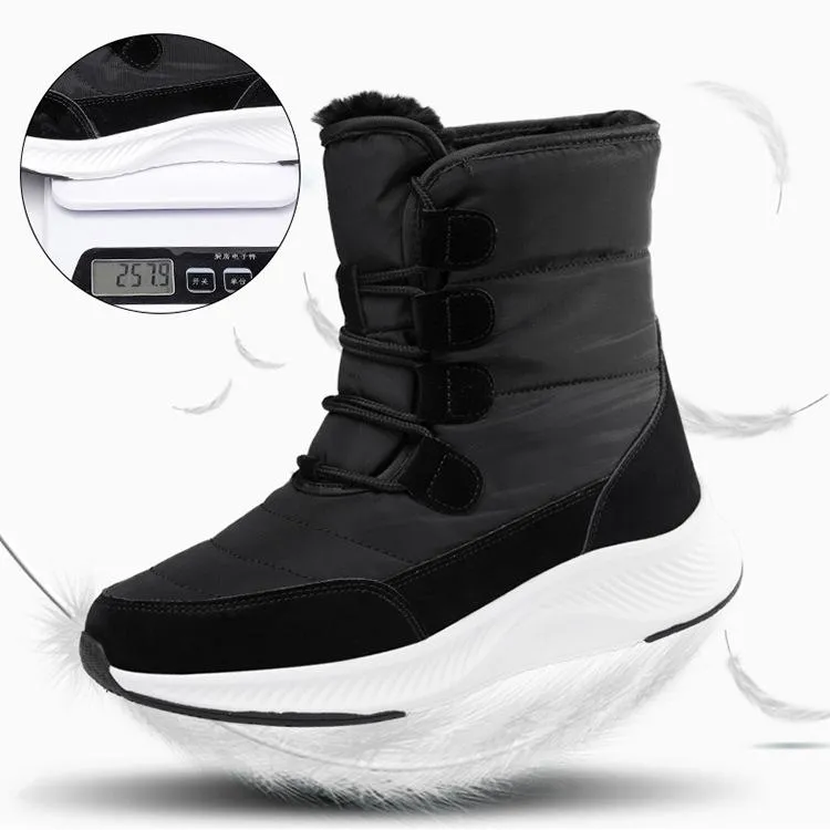 Thick plush lined front lace mid calf snow boots | high cut chunky platform outdoors hiking boots for female