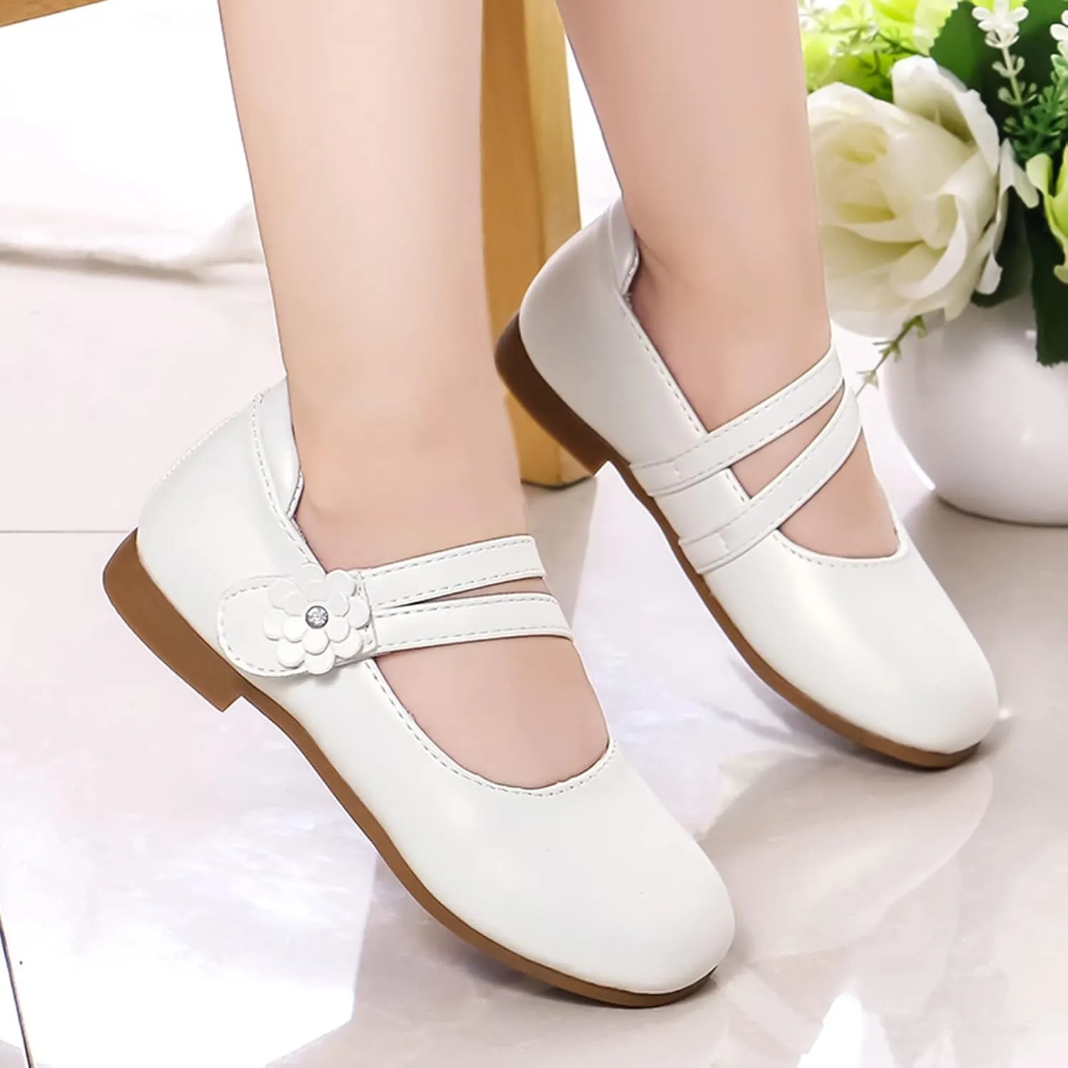 Toddler Girls Strap Dress Shoes Princess Ballerina Flat Mary Jane Elegant Wedding Flower Shoes for Baptism Prom