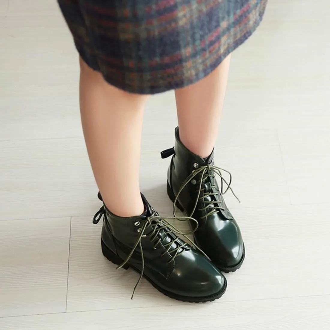 VOKLIN Women's Fashion Lace Up Dressy Ankle Boots Waterproof Rain Platform Low Heel Booties Combat Short Boot
