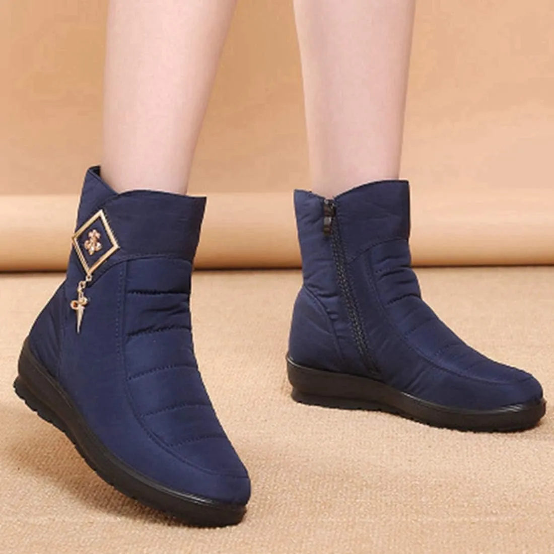 VOKLIN Women's Winter Fur Warm Snow Ankle Boots Waterproof Rain Zipper Outdoor Metallic Snow Short Booties