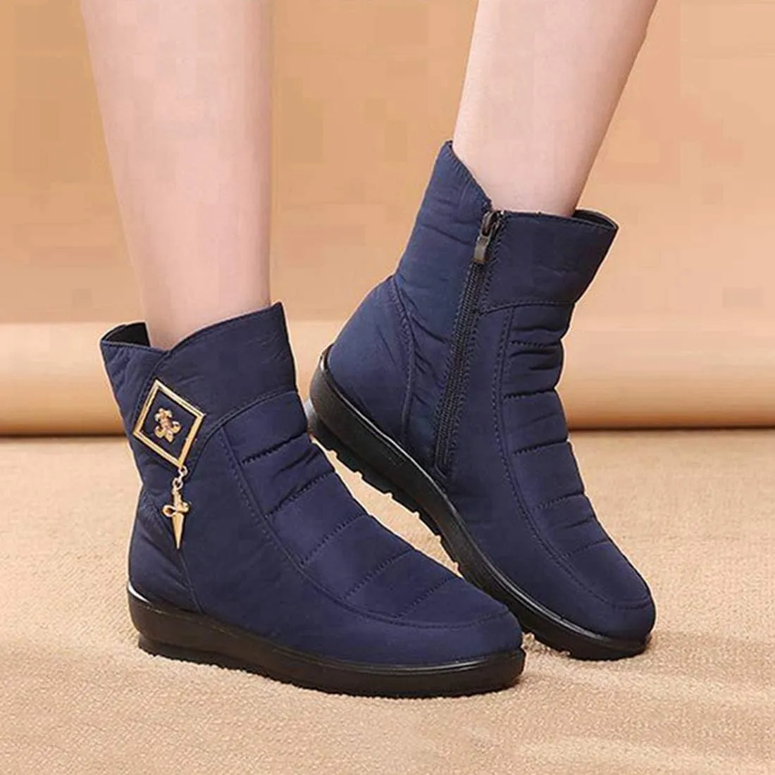 VOKLIN Women's Winter Fur Warm Snow Ankle Boots Waterproof Rain Zipper Outdoor Metallic Snow Short Booties