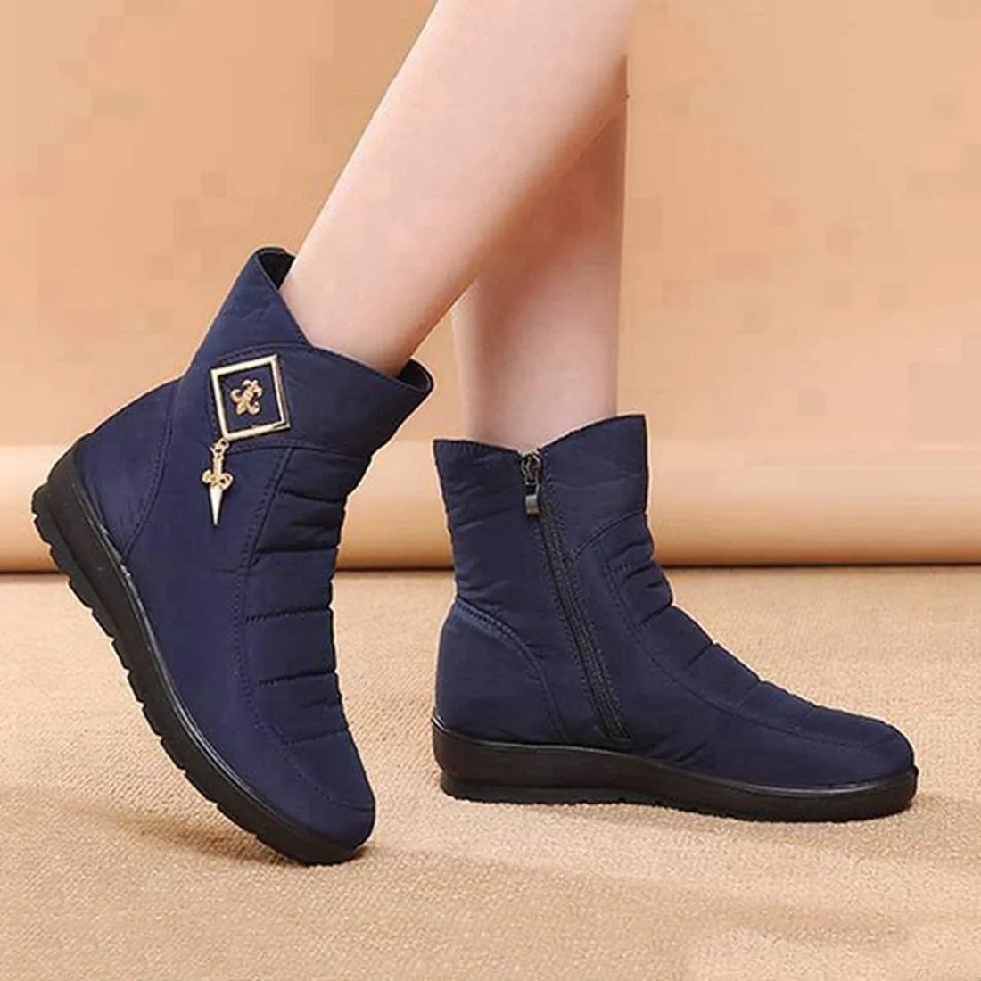 VOKLIN Women's Winter Fur Warm Snow Ankle Boots Waterproof Rain Zipper Outdoor Metallic Snow Short Booties