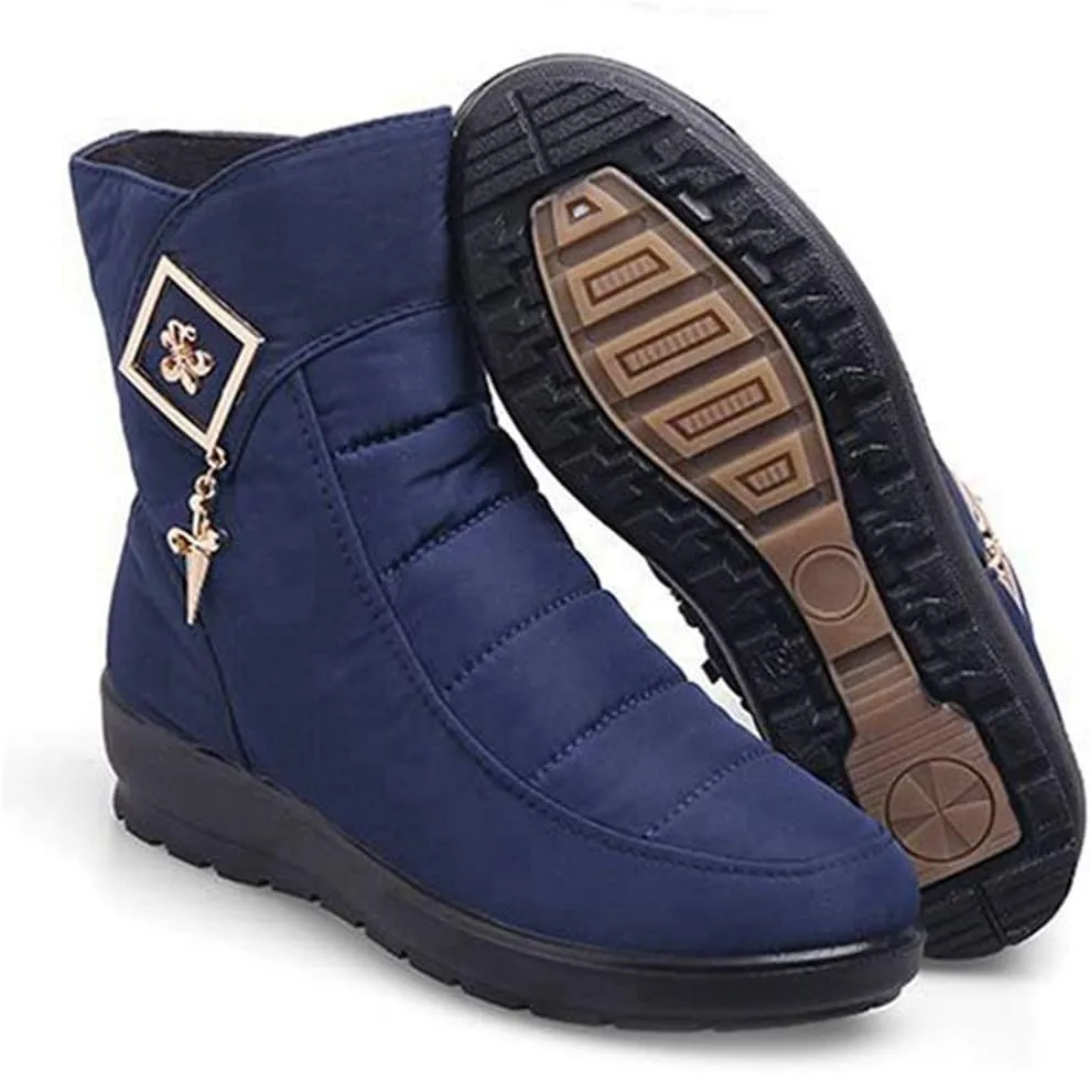 VOKLIN Women's Winter Fur Warm Snow Ankle Boots Waterproof Rain Zipper Outdoor Metallic Snow Short Booties