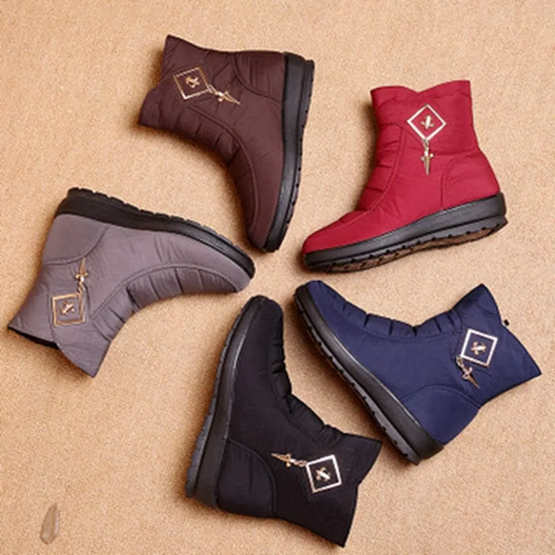 VOKLIN Women's Winter Fur Warm Snow Ankle Boots Waterproof Rain Zipper Outdoor Metallic Snow Short Booties