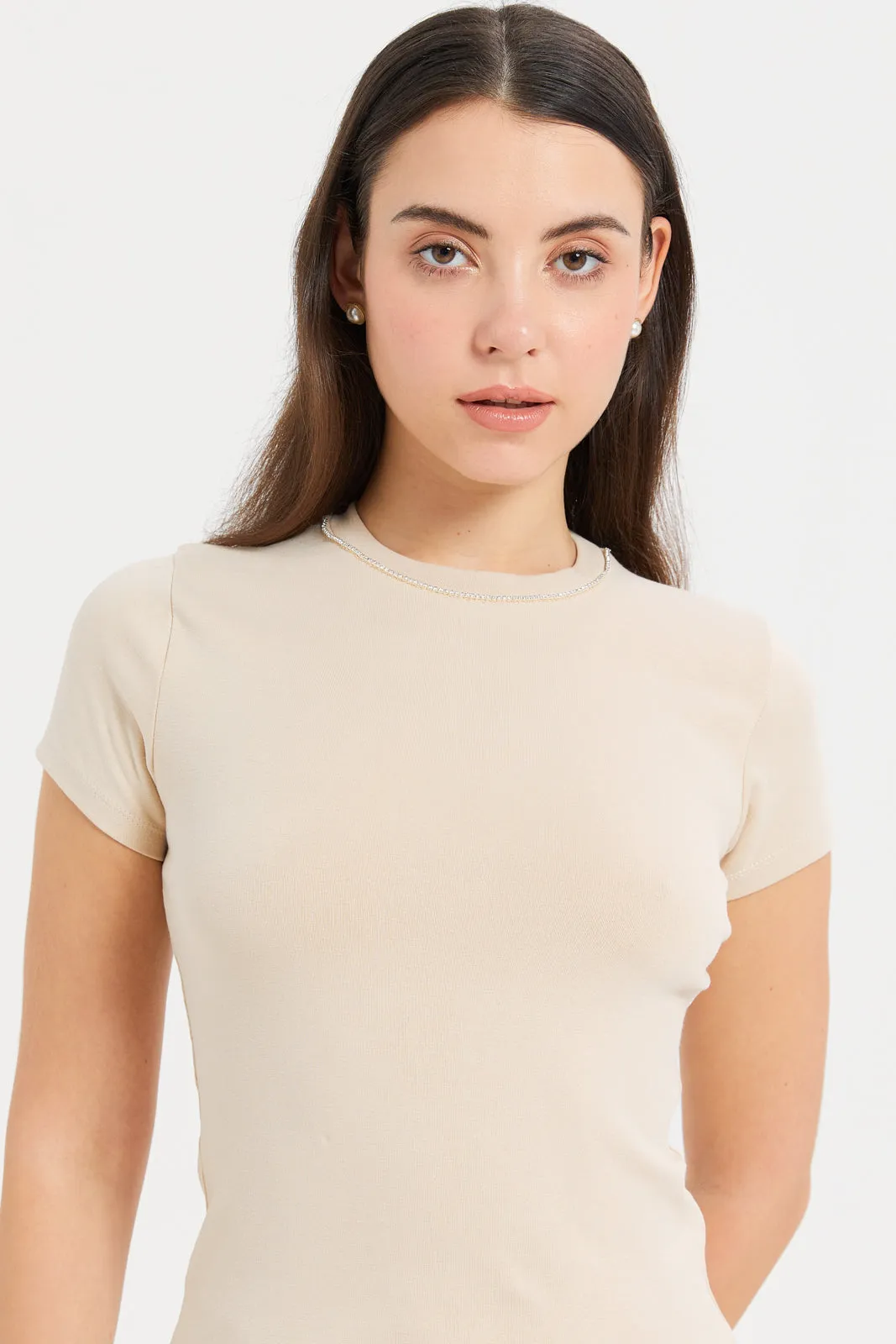 Women Ivory Round Neck Studded Detailed Top