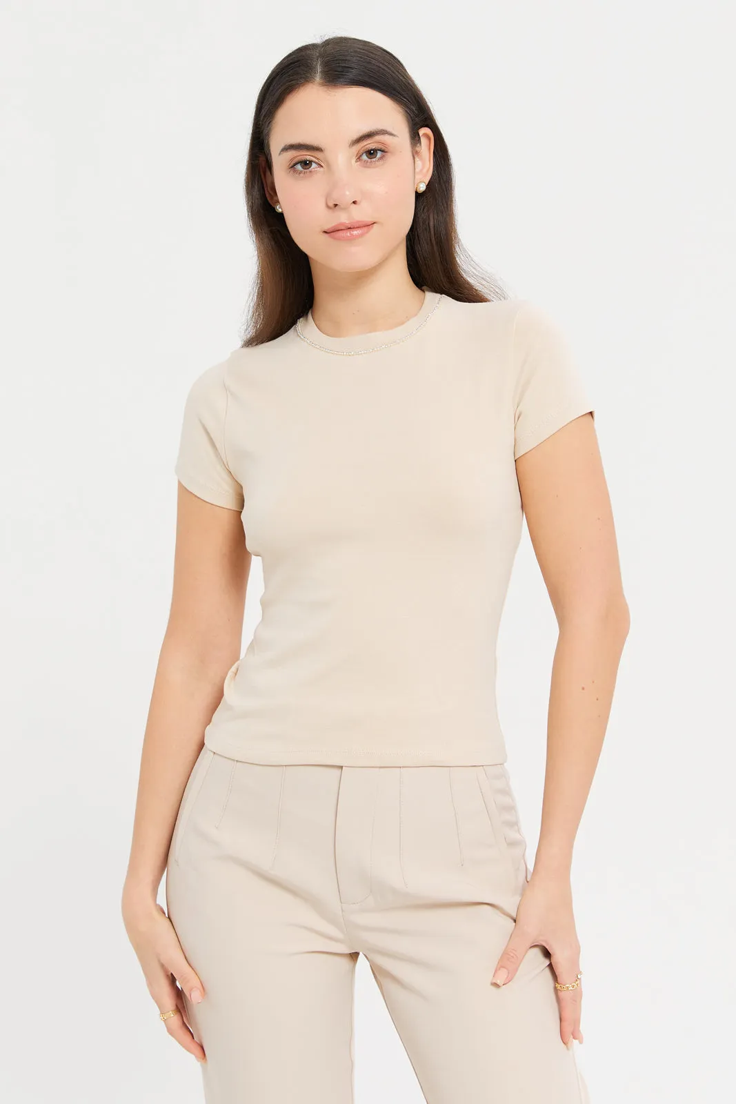 Women Ivory Round Neck Studded Detailed Top
